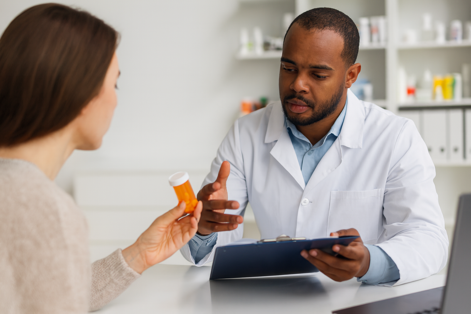 Home pharmacist consults patient in pharmacy